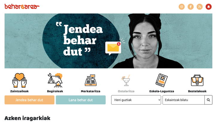 Lana bilatu edo eskaintzeko Beharsarea webgunea eguneratu dute