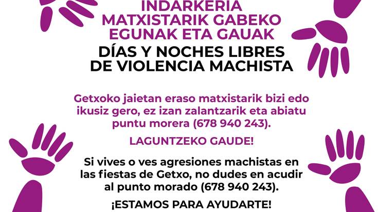 Eraso matxisten aurrean arreta zuzena emateko gune moreak ahalbidetuko ditu Getxoko Udalak jai jendetsuenetan
