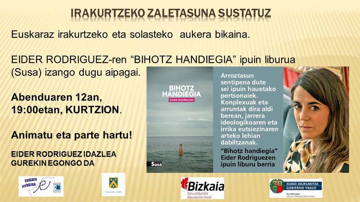 Eider Rodriguezek "Bihotz handiegia" liburuaz berba egingo du arrastian, Sopelan